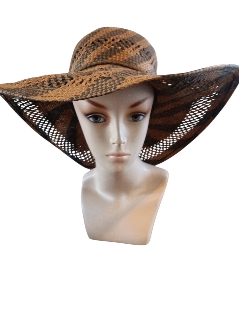 Juicy Couture Wide Brim Floppy Brown And Tan Striped Rafia Straw Hat